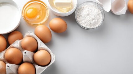 Basic baking ingredients arranged on table creating copy space