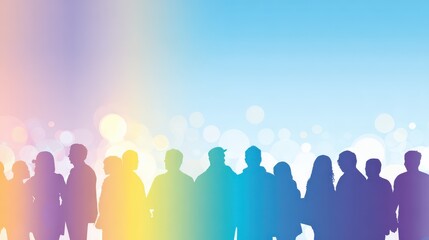 Crowd of people silhouettes standing together in rainbow colors