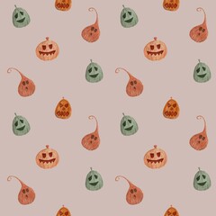 Hand-painted watercolor seamless pattern featuring spooky and funny jack-o&rsquo;-lantern pumpkins with carved eyes and mouths. Halloween design for wrapping paper, textiles, digital paper, stationeries