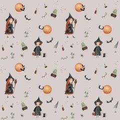 Hand-painted watercolor seamless pattern featuring witches, bubbling cauldrons, magic potions and full moon on a beige background. Mystical and spooky Halloween design for wrapping paper,covers