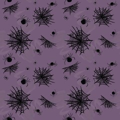 Hand-painted watercolor seamless pattern with black spiders and spiderwebs on a purple background. Cute and spooky Halloween design, perfect for wrapping paper, party decorations, fabric, stationery.