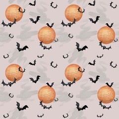 Hand-painted watercolor seamless pattern featuring black bats and glowing full moon on a beige textured background. Spooky and magical Halloween design, perfect for wrapping paper, fabric, party