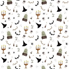 Hand-painted watercolor seamless pattern featuring witchcraft elements: magic hat, potion bottles, worms, bats and mystical objects. Halloween design, perfect for wrapping paper,stationary