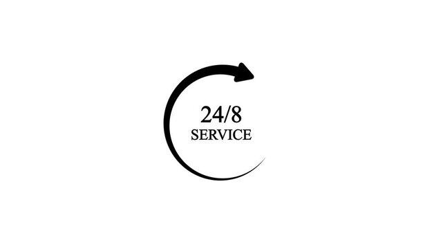 24/8 clock icon with arrow rotation icon animation .24 Hours 8 days customer Service Icon animation , and white background ,with 4k video.