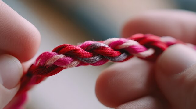 Hands holding braided pink, red and grey string close up