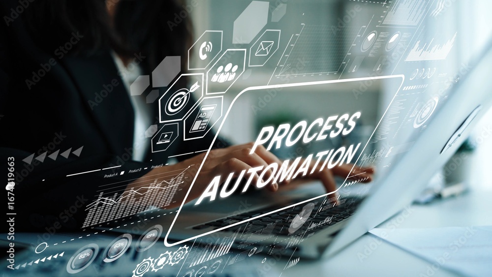 Aufkleber business professional engaging in digital process automation with modern technology at workspace. as