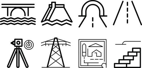 Set of eight engineering and construction icons, bridge, tunnel, road, surveying equipment, power tower, blueprint, staircase, infrastructure symbols