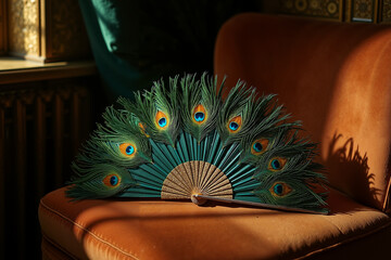 Ornate peacock feather fan resting on orange armchair in natural light  