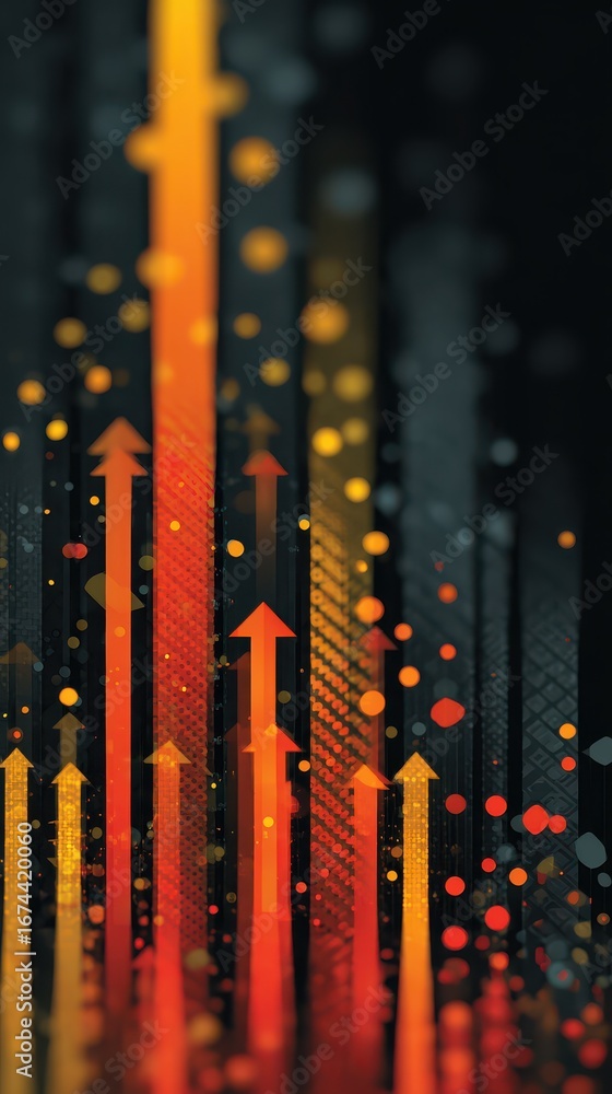 Poster abstract graphical representation of investment growth trends with colorful arrows and dots on dark 