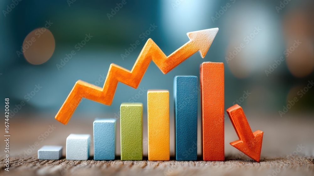 Poster illustration of investment trend with growth and decline graph representations in flat design style 