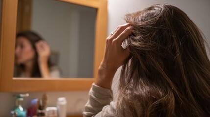 Woman checking her hair in bathroom mirror