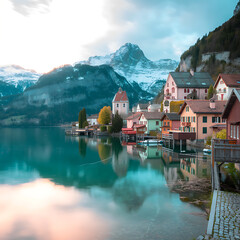 Naklejka premium Idyllic Swiss Village Reflecting in Calm Lake Waters Surrounded by Mountains and Lush Greenery, Peaceful Serenity in Rural Splendor, Captivating Scenery of Quintessential Switzerland
