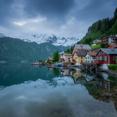 Obraz premium Scenic Lakeside Village in the Alps Reflections of Colorful Houses and Snow Capped Mountains Serene Waters and Picturesque Beauty Captivating View of Nature and Architecture