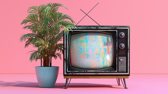 A black retro television with a glitchy, distorted screen displaying static lines, evoking a nostalgic vintage atmosphere on pink background