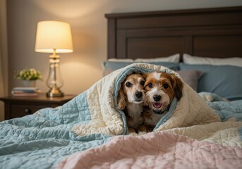 Two adorable puppies snuggled together under a cozy blanket in bed