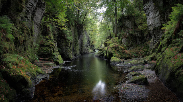 A breathtaking view of Black Rock Gorge in Evanton, Scotland, showcasing dramatic cliffs, mossy walls, and a mysterious, shadowed depth.