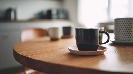Fototapeta premium Black coffee cup sitting on wooden table in modern kitchen