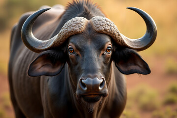Fototapeta premium African buffalo close-up with prominent horns in natural habitat 