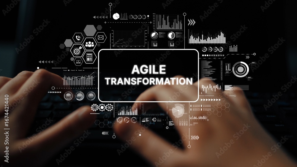 Poster hands on keyboard with data visualizations and text agile transformation signifying digital change i