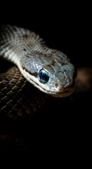 Fototapeta premium Close-up of a snake's head, featuring intricate scales and bright blue eyes, set against a dark background.