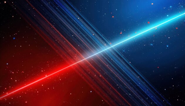 vibrant cosmic light streaks in red and blue diagonal beams with glowing star dust background perfect for sci fi wallpaper or digital texture
