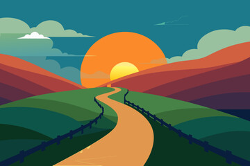 Obraz premium Winding road through rolling hills at sunset