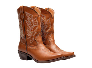 Authentic brown leather cowboy boots with intricate embroidery, Isolated On Transparent Background
