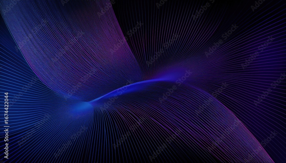 Poster flowing neon wave lines in deep blue and violet abstract digital background with futuristic grid tex