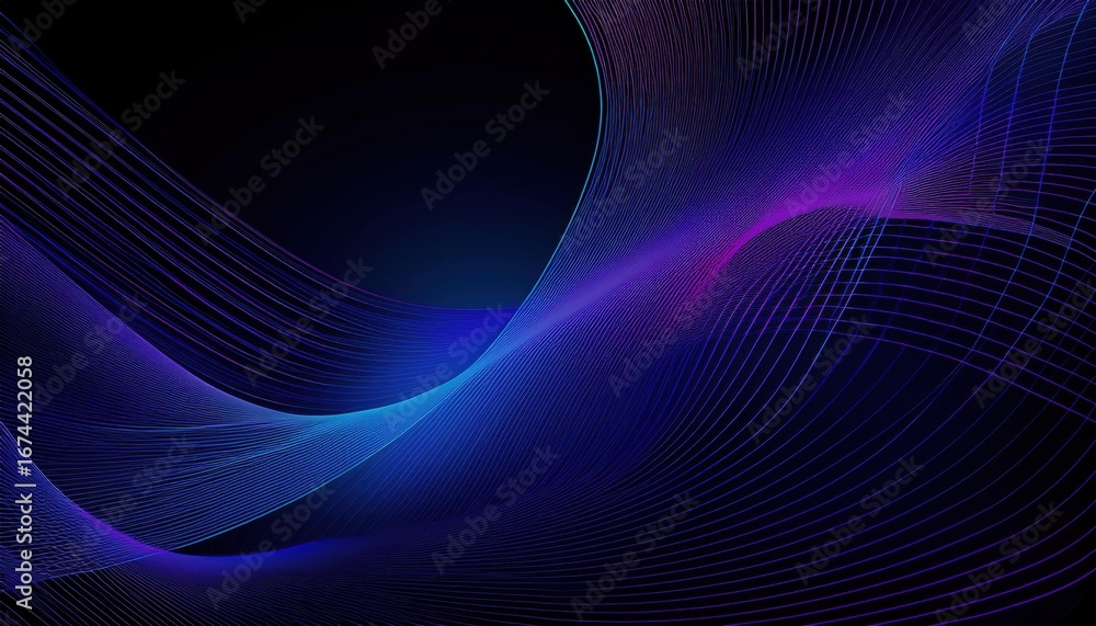 Poster flowing neon wave lines in deep blue and violet abstract digital background with futuristic grid tex