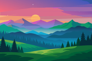 Fototapeta premium Vibrant sunset over layered mountains and pine forest