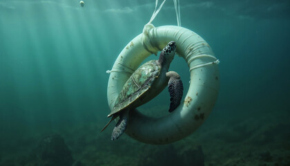 Sea Turtle Encountering Life Ring Underwater for Environmental Awareness, Ocean Conservation Blogs, Marine Life Education, and Social Media Campaigns