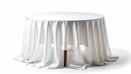 Round table covered with a white tablecloth featuring deep, flowing folds, set against a plain white background with a single wooden leg visible