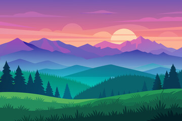 Vibrant mountain landscape at sunset with rolling hills and pine trees