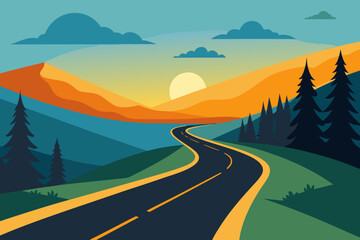 Scenic winding road through mountains at sunset