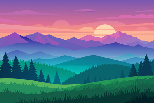Vibrant mountain landscape at sunset with rolling hills and pine trees