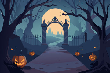 Spooky halloween night entrance with jack o lanterns and full moon