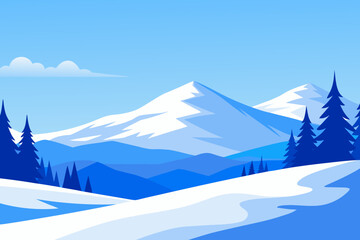 Stylized winter mountain landscape with snow and pine trees