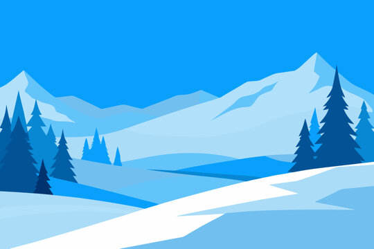 Flat design winter mountain landscape with snow and pine trees
