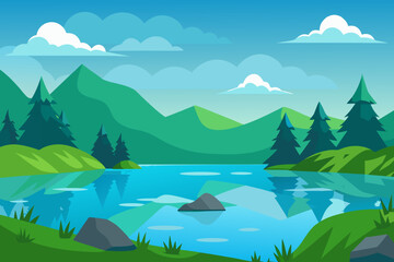 Serene mountain lake with pine trees and cloudy sky