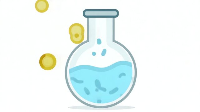 Magnified microorganisms in flask with water 2D object animation. Microbiological research loupe cartoon 4K , alpha channel. Lab experiment glassware animated flat item on white background