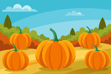 Autumn harvest scene with five orange pumpkins in a field
