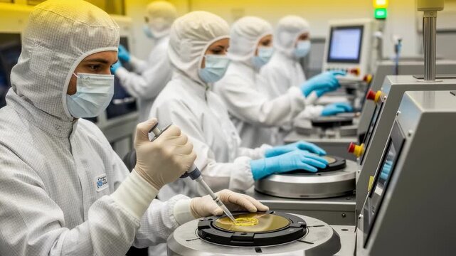 Semiconductor fab workers wearing face masks and gloves carefully prepare photoresist application prior to photolithography exposure.