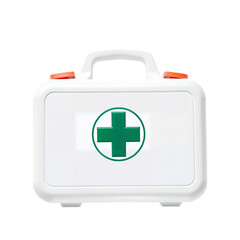 Obraz premium White plastic first aid kit with green cross symbol isolated on transparent background