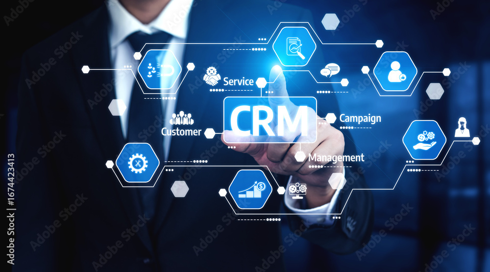 Poster a business professional engages with a digital crm interface. the visuals highlight elements of cust