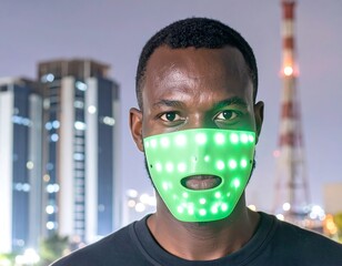 Man in illuminated face mask, city backdrop