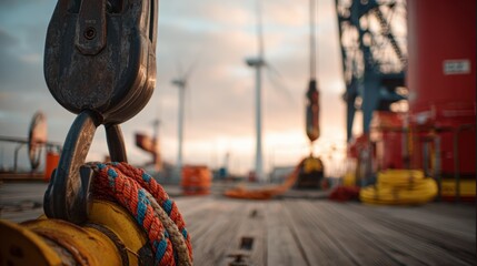 Medium shot of a crane lifting wind turbine components on a service vessel deck with foreground safety equipment and distant turbines softly out of focus.