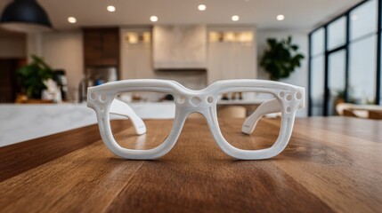 Flexible 3Dprinted glasses frames gently bent to demonstrate durability and elasticity with a softly blurred modern studio setting behind.