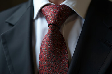 Businessman in dark suit with red patterned tie and white shirt  