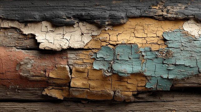 Artistic photograph of cracked paint texture on old wood in earthy tones, revealing layers of history, decay, and natural aging process of materials.