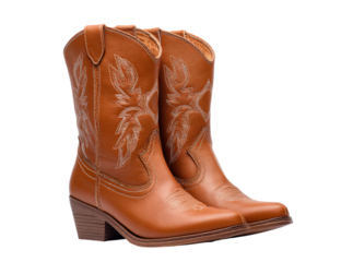 Brown leather cowboy boots with embroidery detail western fashion footwear, Isolated On Transparent Background